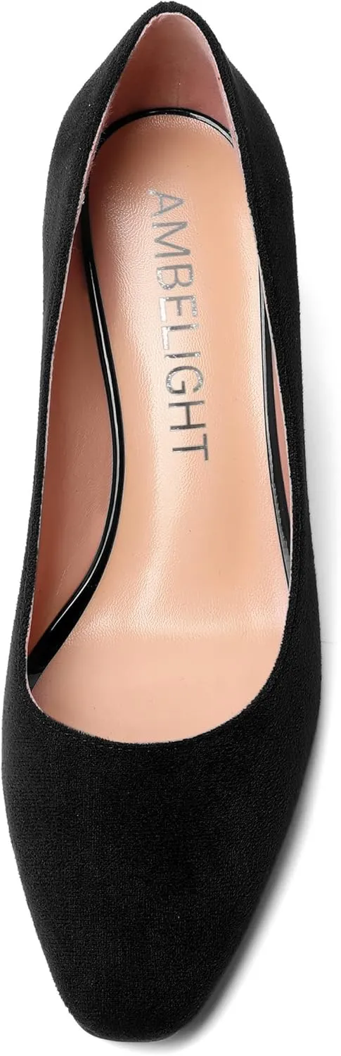 AMBELIGHT Womens Slip On Square Toe Casual Office Dress Shoes Suede Kitten Low Heel Pumps Shoes 1.5 Inch