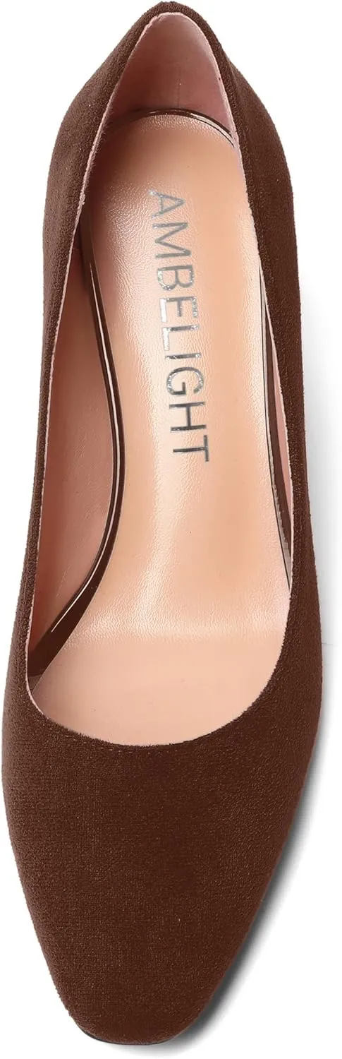 AMBELIGHT Womens Slip On Square Toe Casual Office Dress Shoes Suede Kitten Low Heel Pumps Shoes 1.5 Inch