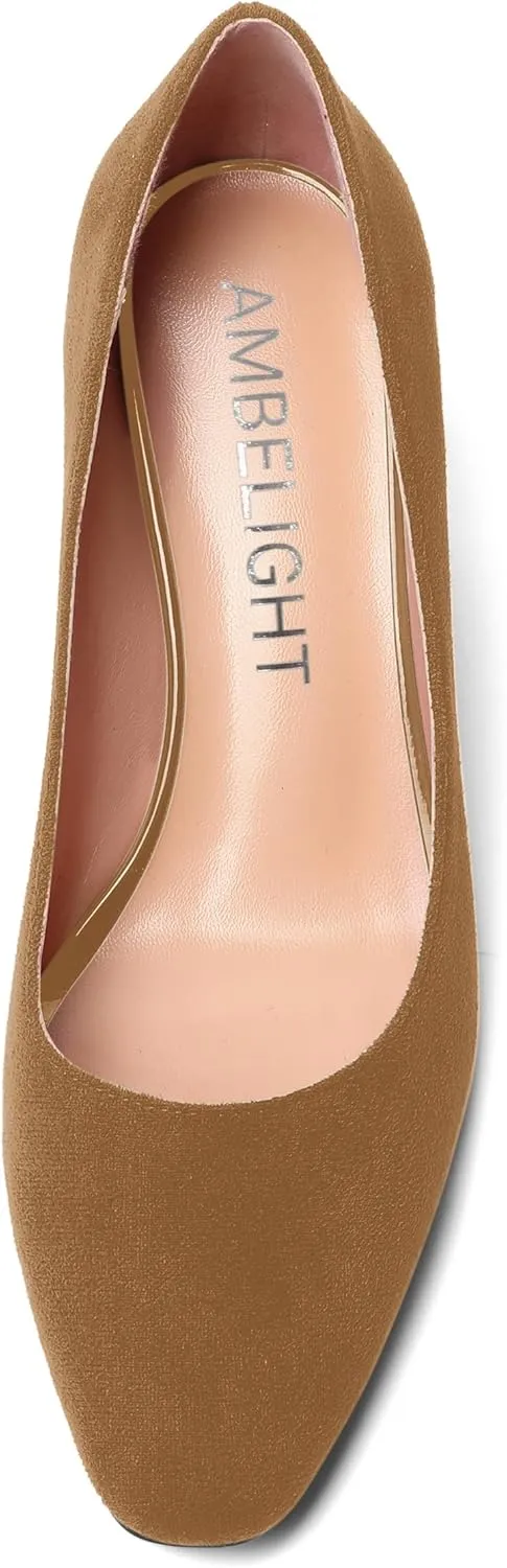 AMBELIGHT Womens Slip On Square Toe Casual Office Dress Shoes Suede Kitten Low Heel Pumps Shoes 1.5 Inch