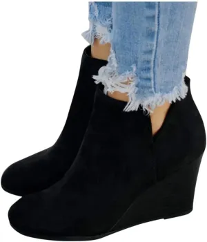 Ankle Booties for Women,Wedges Ankle Booties Retro V Cutout Comfy Short Boots Chunky Block Heels Shoes