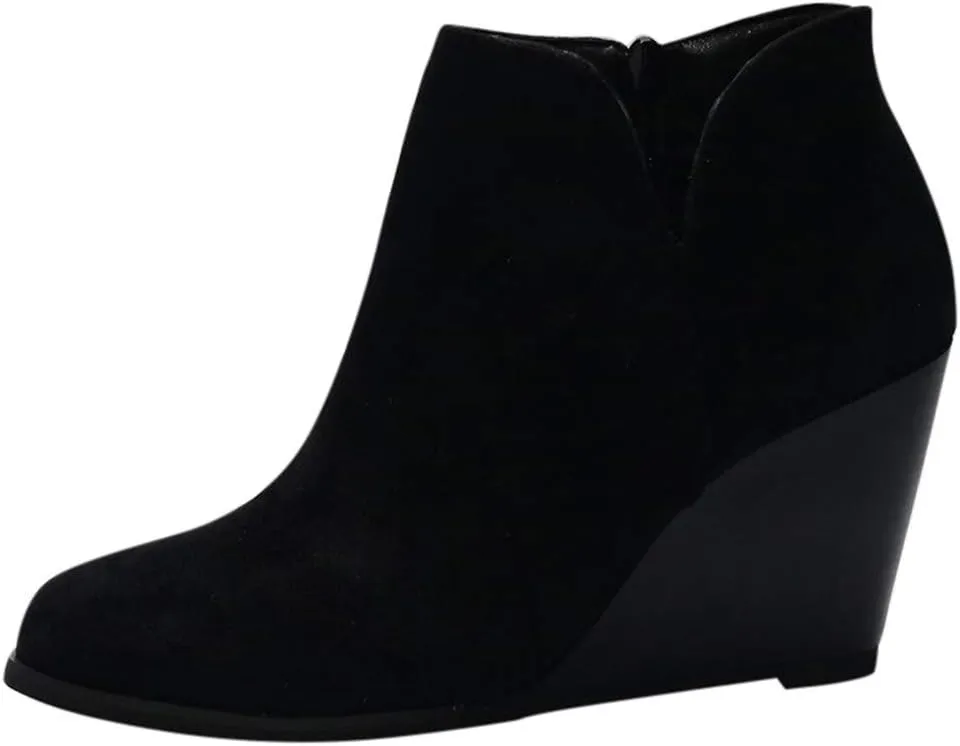 Ankle Booties for Women,Wedges Ankle Booties Retro V Cutout Comfy Short Boots Chunky Block Heels Shoes