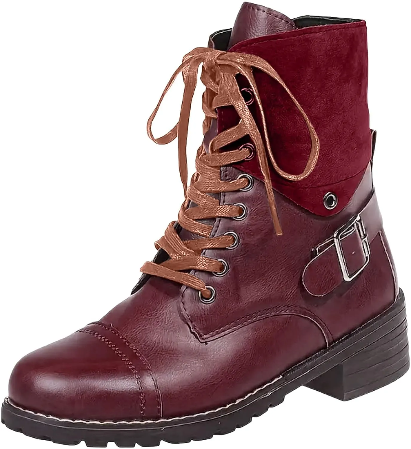 Cathalem Ankle Boots for Women Wedges Ankle Booties Retro V Cutout Short Boots Flock Leather Zip Closure Block Heels Shoes