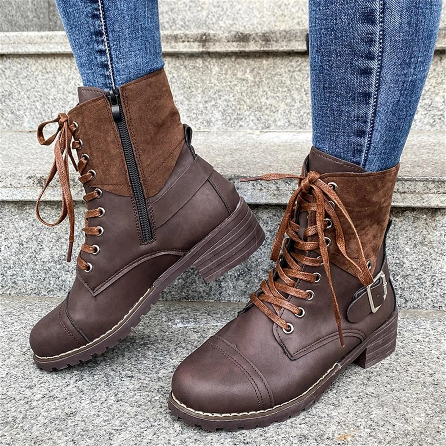 Cathalem Ankle Boots for Women Wedges Ankle Booties Retro V Cutout Short Boots Flock Leather Zip Closure Block Heels Shoes