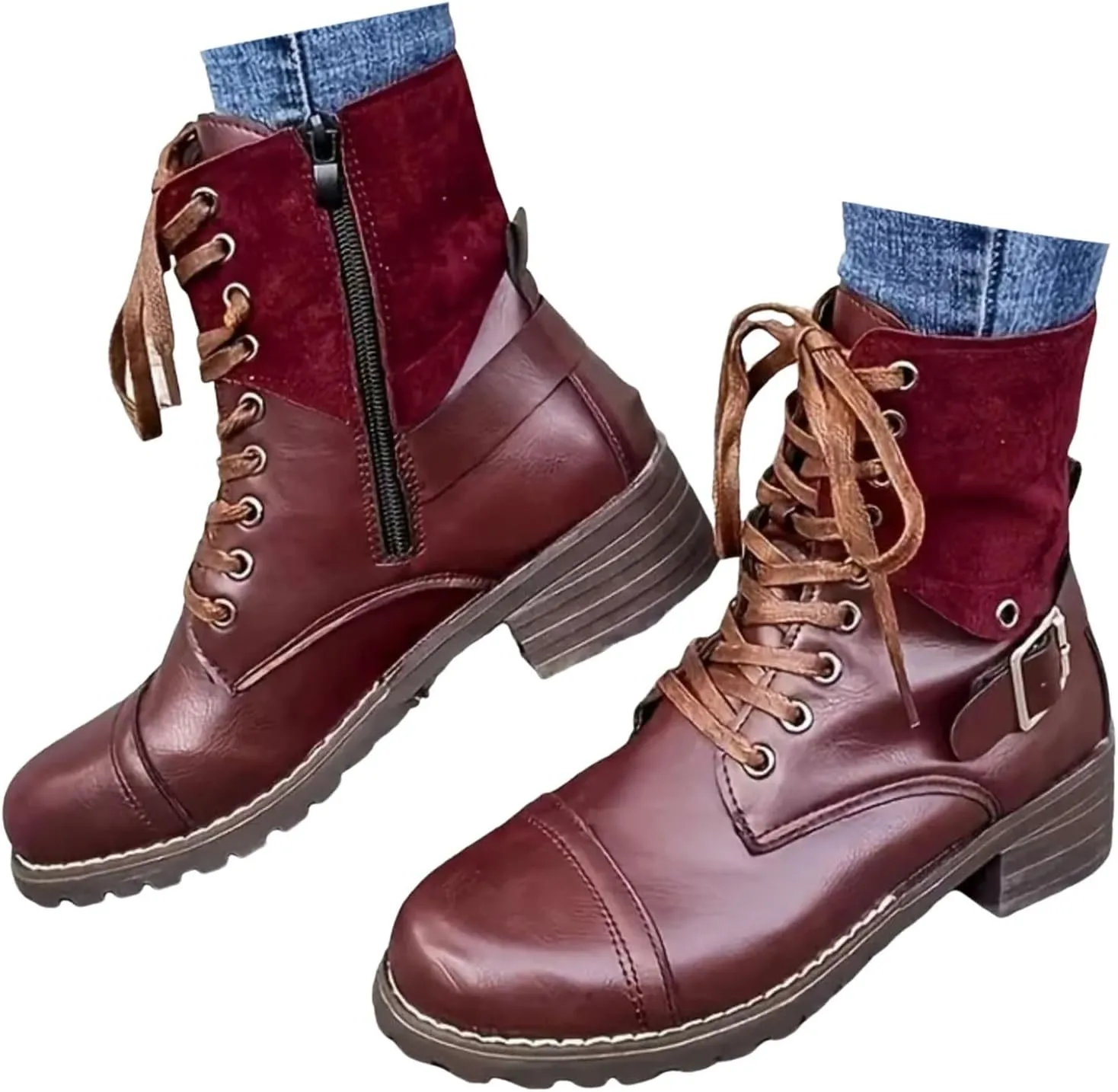 Cathalem Ankle Boots for Women Wedges Ankle Booties Retro V Cutout Short Boots Flock Leather Zip Closure Block Heels Shoes