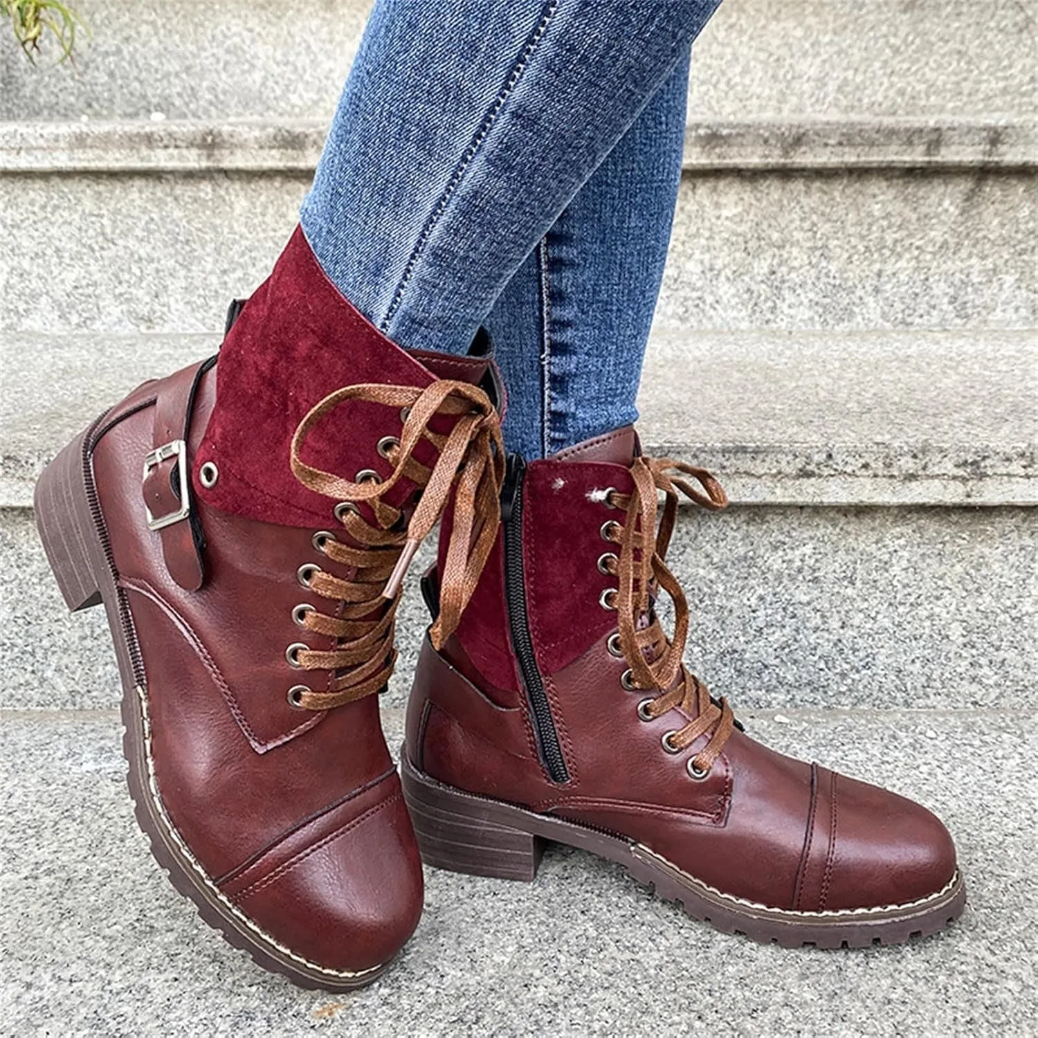Cathalem Ankle Boots for Women Wedges Ankle Booties Retro V Cutout Short Boots Flock Leather Zip Closure Block Heels Shoes