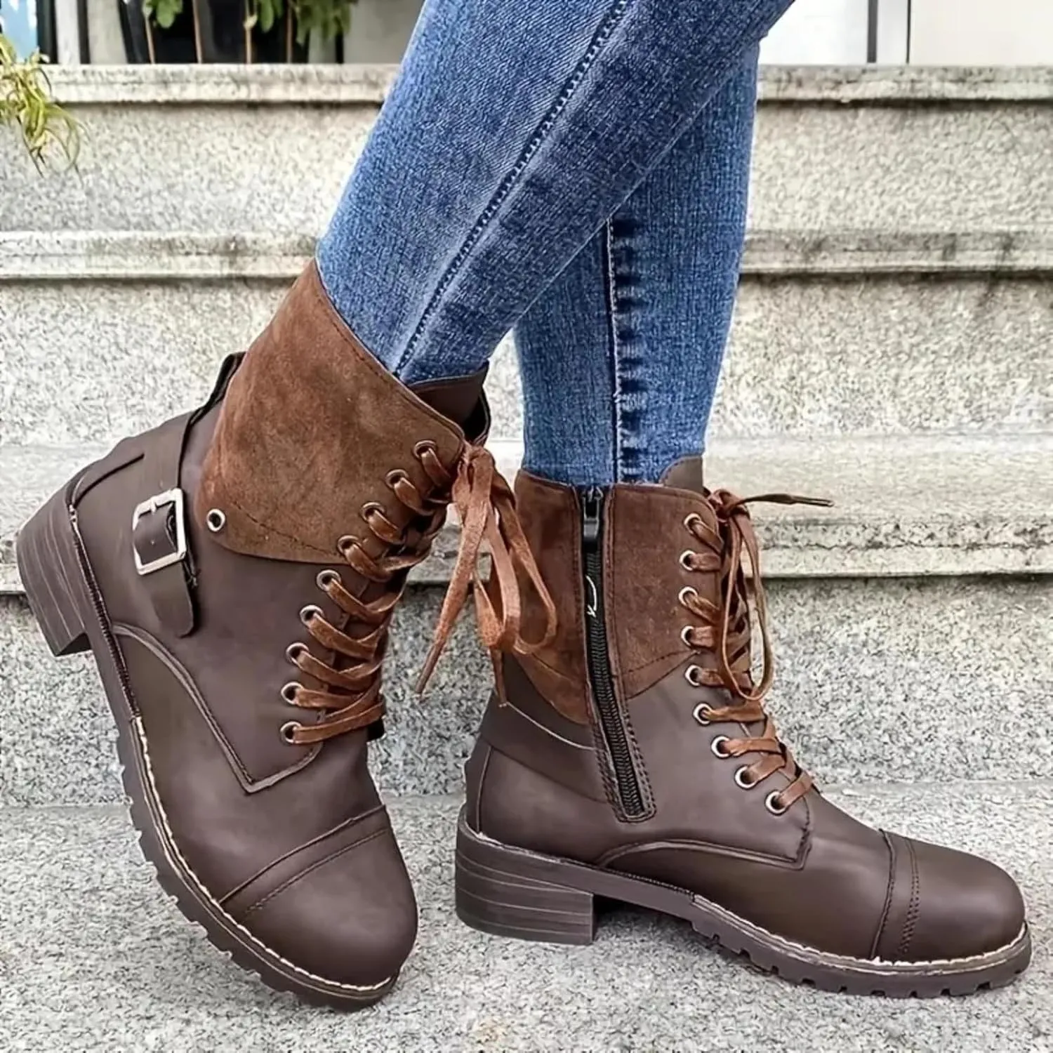 Cathalem Ankle Boots for Women Wedges Ankle Booties Retro V Cutout Short Boots Flock Leather Zip Closure Block Heels Shoes