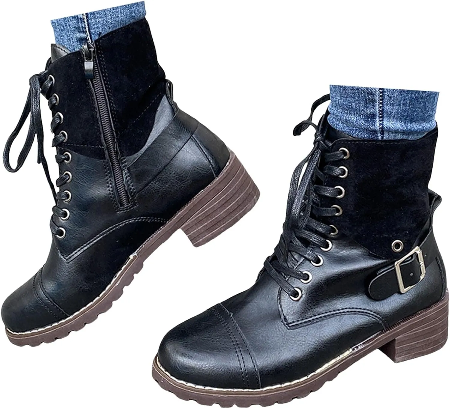 Cathalem Ankle Boots for Women Wedges Ankle Booties Retro V Cutout Short Boots Flock Leather Zip Closure Block Heels Shoes