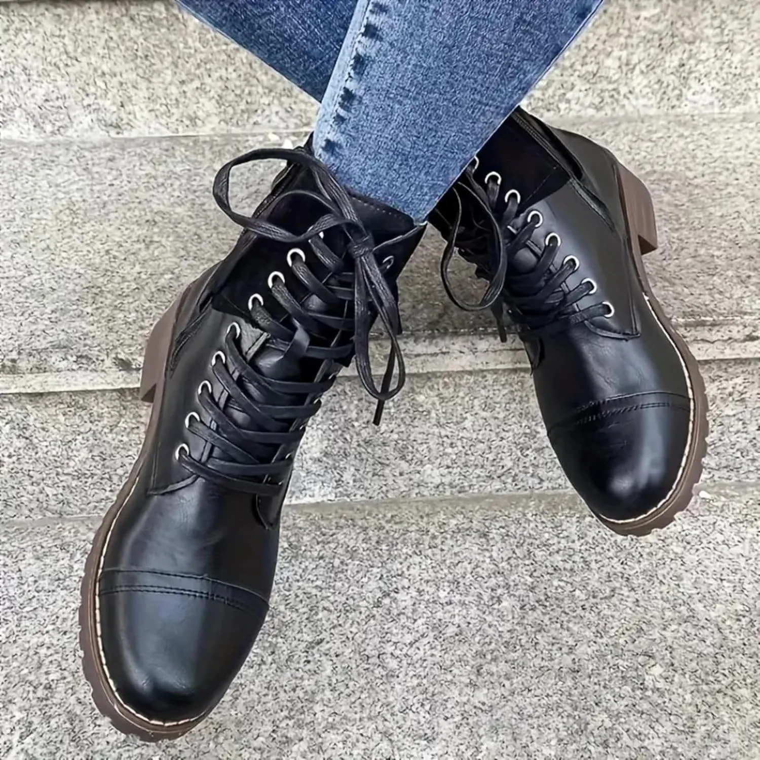 Cathalem Ankle Boots for Women Wedges Ankle Booties Retro V Cutout Short Boots Flock Leather Zip Closure Block Heels Shoes