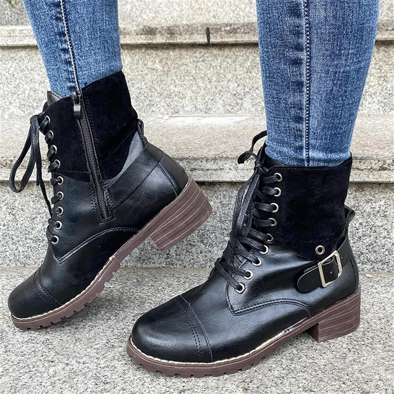 Cathalem Ankle Boots for Women Wedges Ankle Booties Retro V Cutout Short Boots Flock Leather Zip Closure Block Heels Shoes