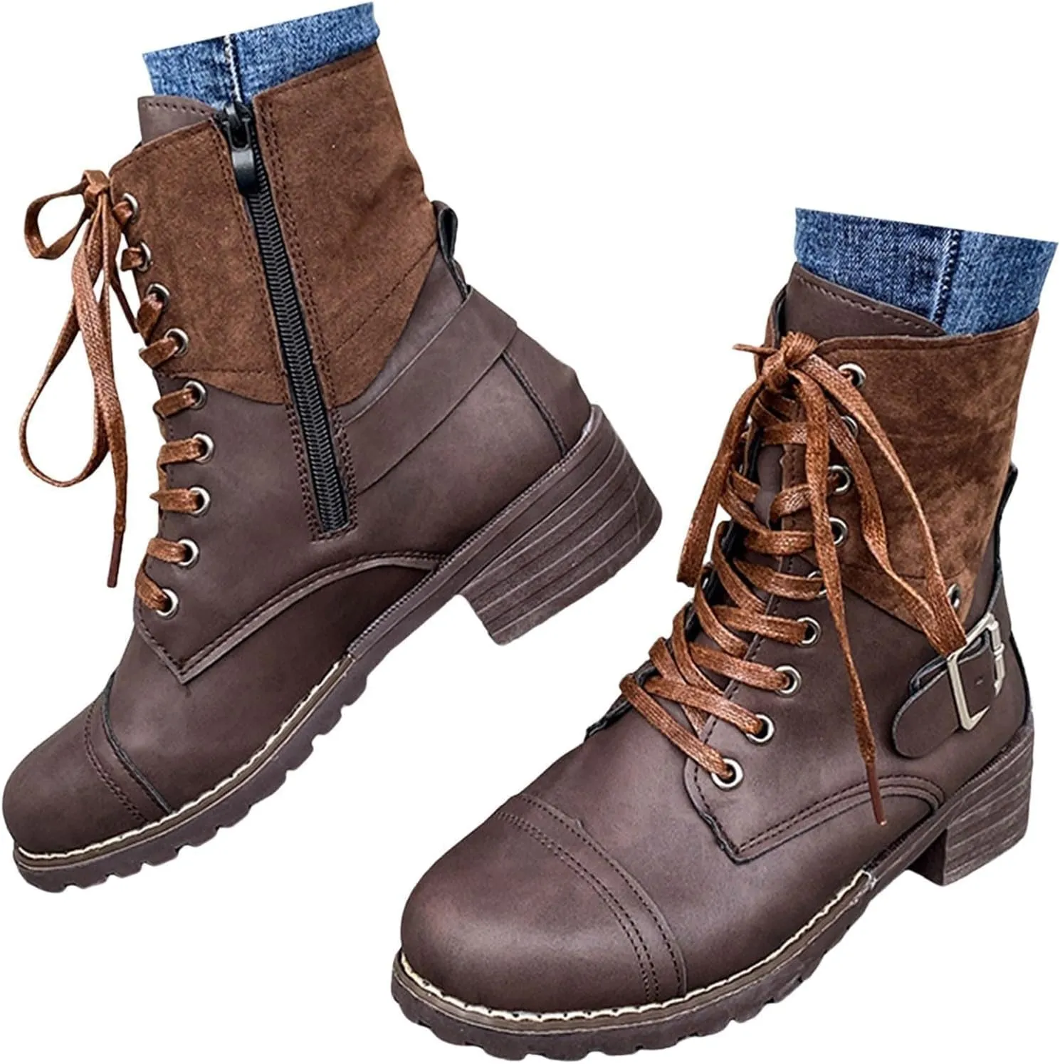 Cathalem Ankle Boots for Women Wedges Ankle Booties Retro V Cutout Short Boots Flock Leather Zip Closure Block Heels Shoes