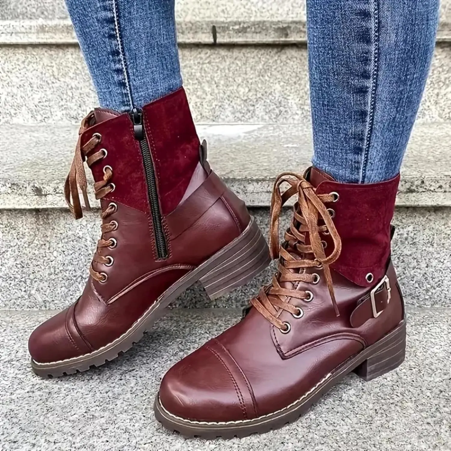 Cathalem Ankle Boots for Women Wedges Ankle Booties Retro V Cutout Short Boots Flock Leather Zip Closure Block Heels Shoes