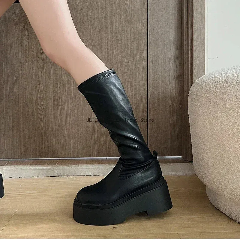 Chunky Women Knee High Boots Fashion Slip On Knight Long Booties Platform Flats Autumn Winter Shoes