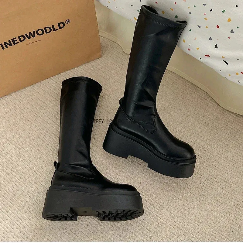 Chunky Women Knee High Boots Fashion Slip On Knight Long Booties Platform Flats Autumn Winter Shoes
