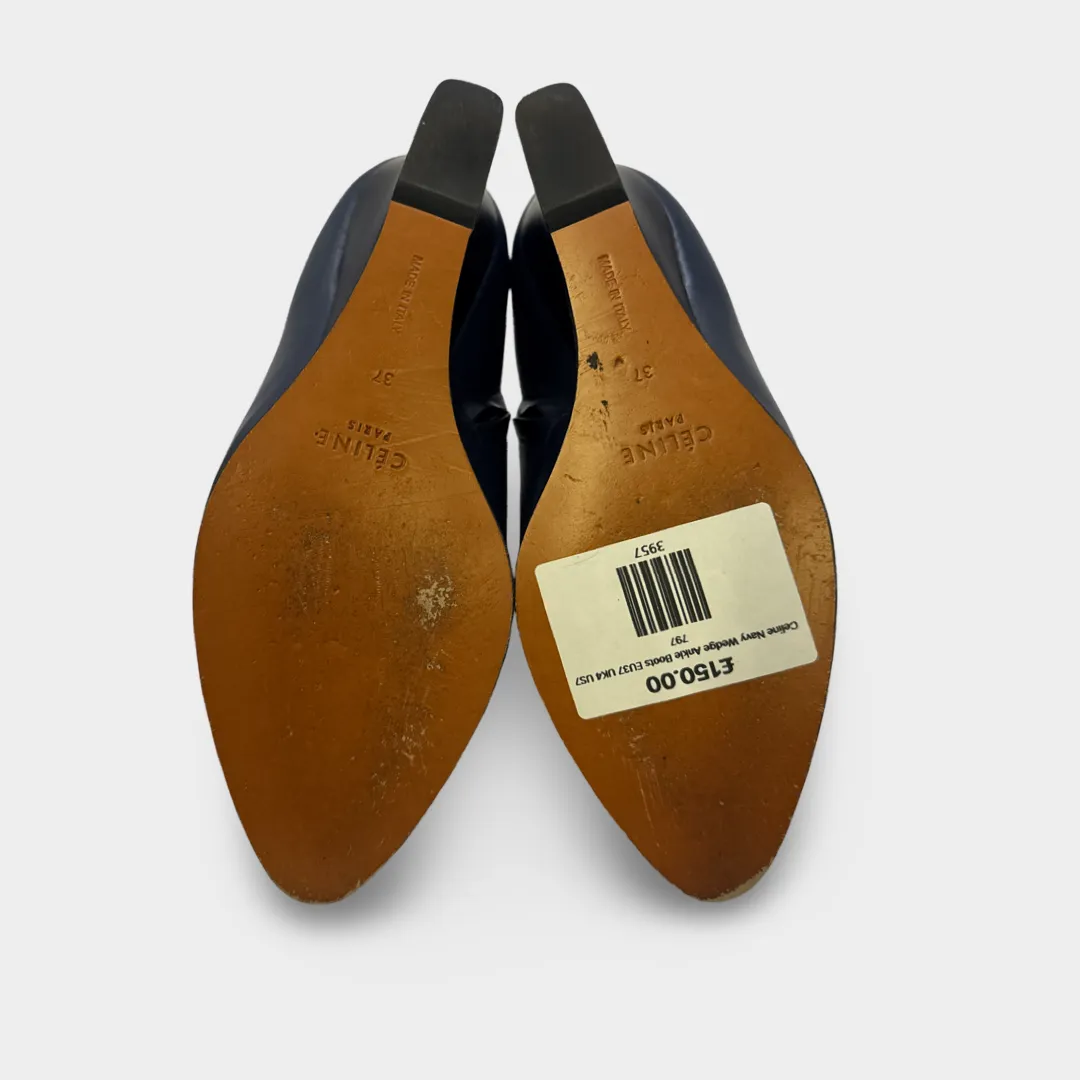 Céline Women's Navy Wedge Leather Ankle Boots