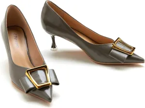 C.Paravano Women's Kitten Heel Pumps-Pointed Toe Wedding Shoes with Metal Buckle|Breathable Soft Leather for Office Attire, Cocktail Parties,Date Nights, Spring/Summer Events(Dark Grey,Size 8.5)