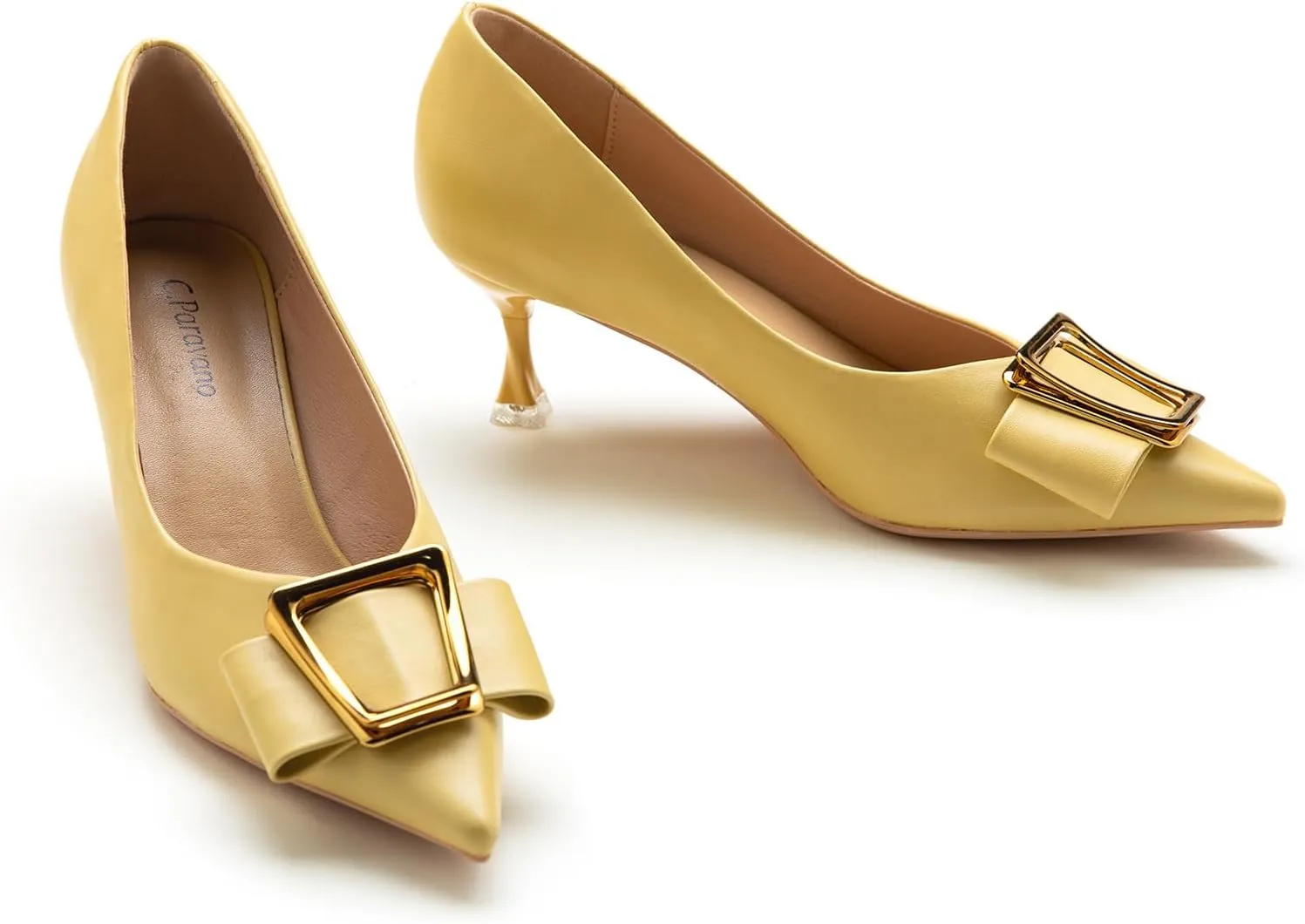 C.Paravano Women's Kitten Heel Pumps-Pointed Toe Wedding Shoes with Metal Buckle|Breathable Soft Leather for Office Attire, Cocktail Parties,Date Nights, Spring/Summer Events(Yellow,Size 9.5)