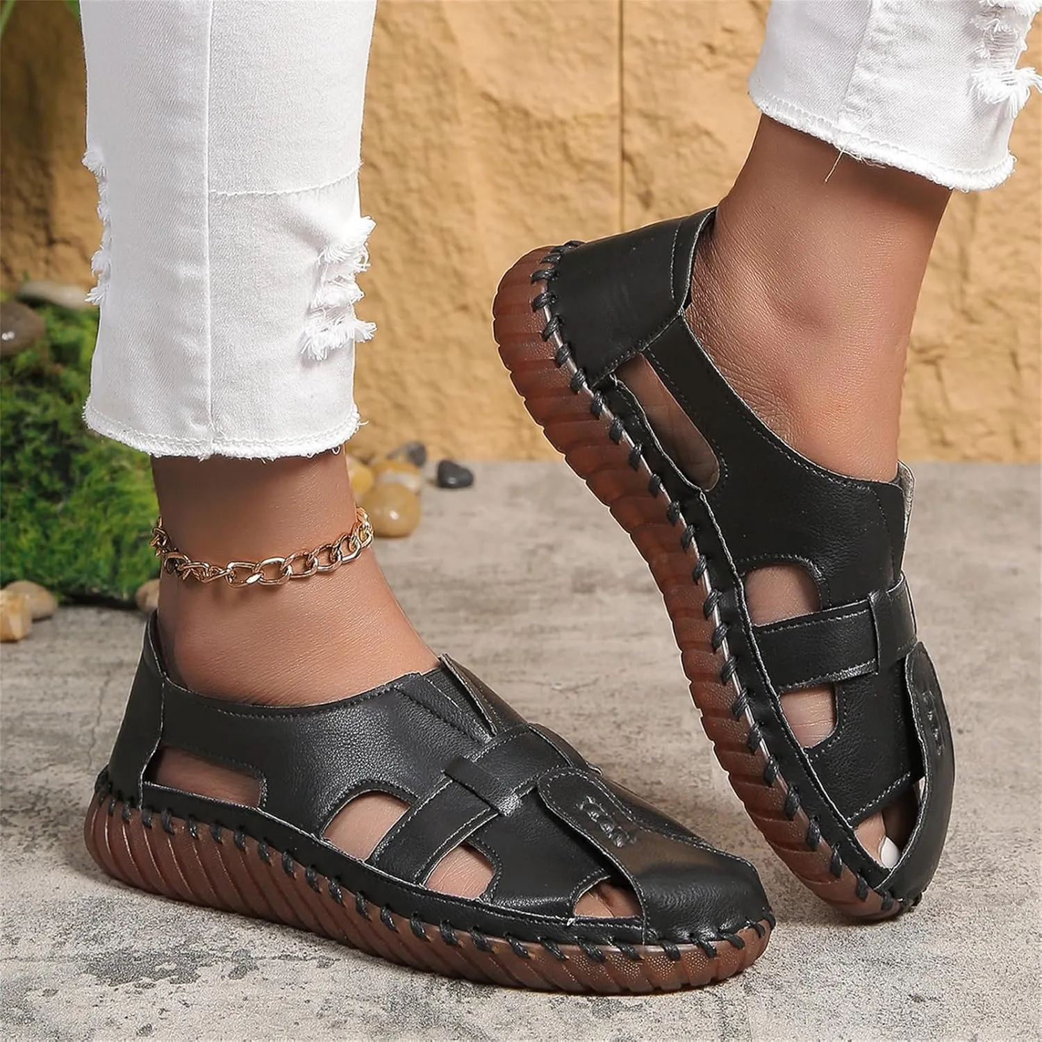 Fisherman Sandals for Women Hollow Out Slip On Loafers Closed Toe Cute Breathable Flats Beach Hiking Orthopedic Shoes Casual Fashion Driving Shoes