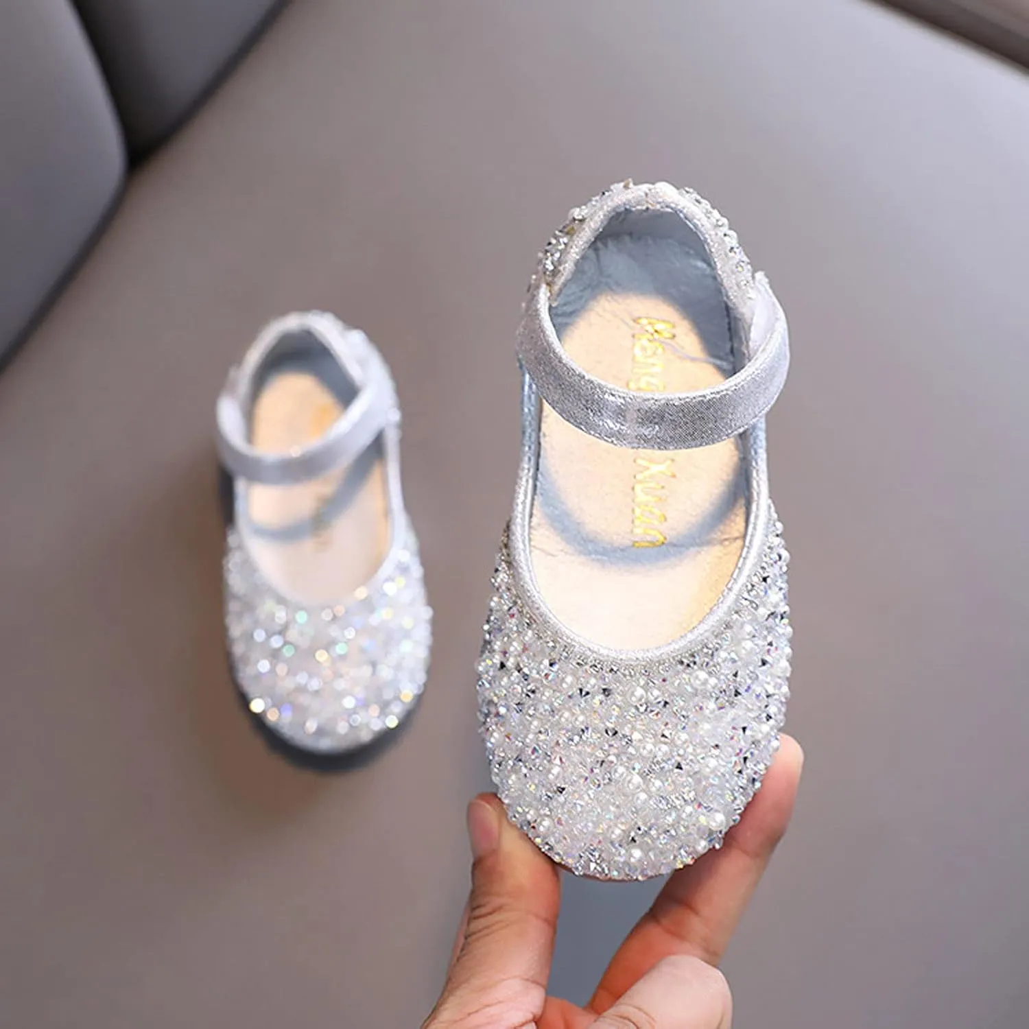 Girls Dress Shoes Wedding Glitter Party Flower Princess Low Heel Shoes Ballet Flat Party School (Silver, 8.5 Toddler)
