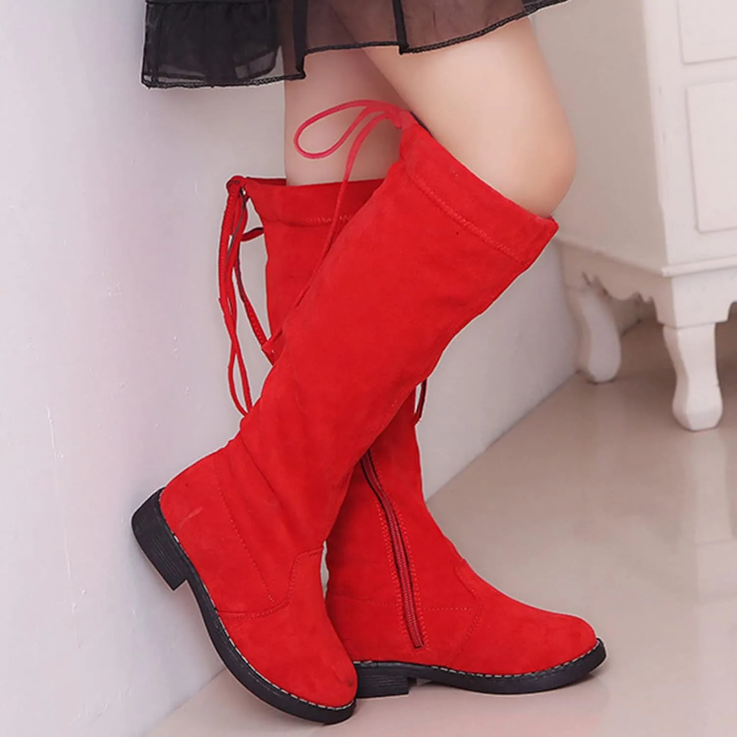 Girl's Knee Length Boots Ties Side Zipper Suede Over Knee Long High Boots Round Toe Low Heel Fashion Riding Shoes