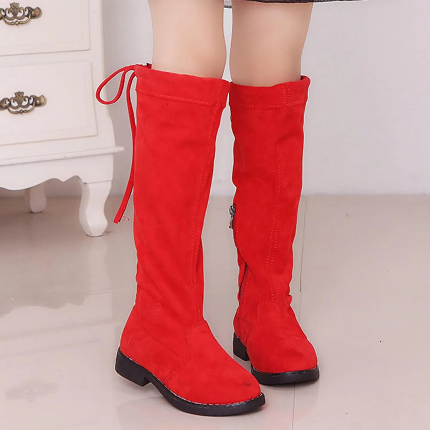 Girl's Knee Length Boots Ties Side Zipper Suede Over Knee Long High Boots Round Toe Low Heel Fashion Riding Shoes