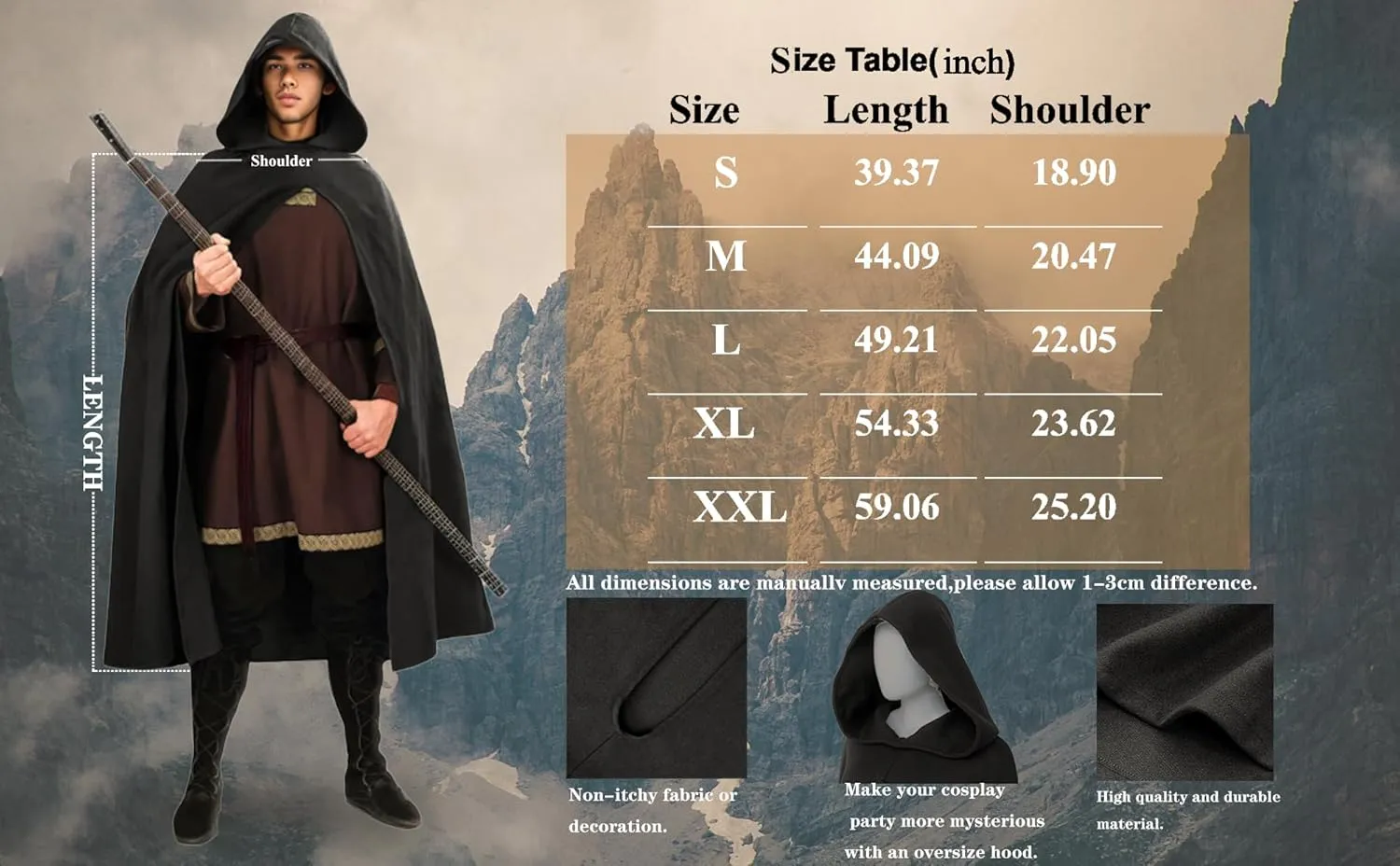 GOLDSTITCH Medieval Cloak Renaissance Hooded Vintage Cape Costume Deluxe Halloween Adult Cape Cloak