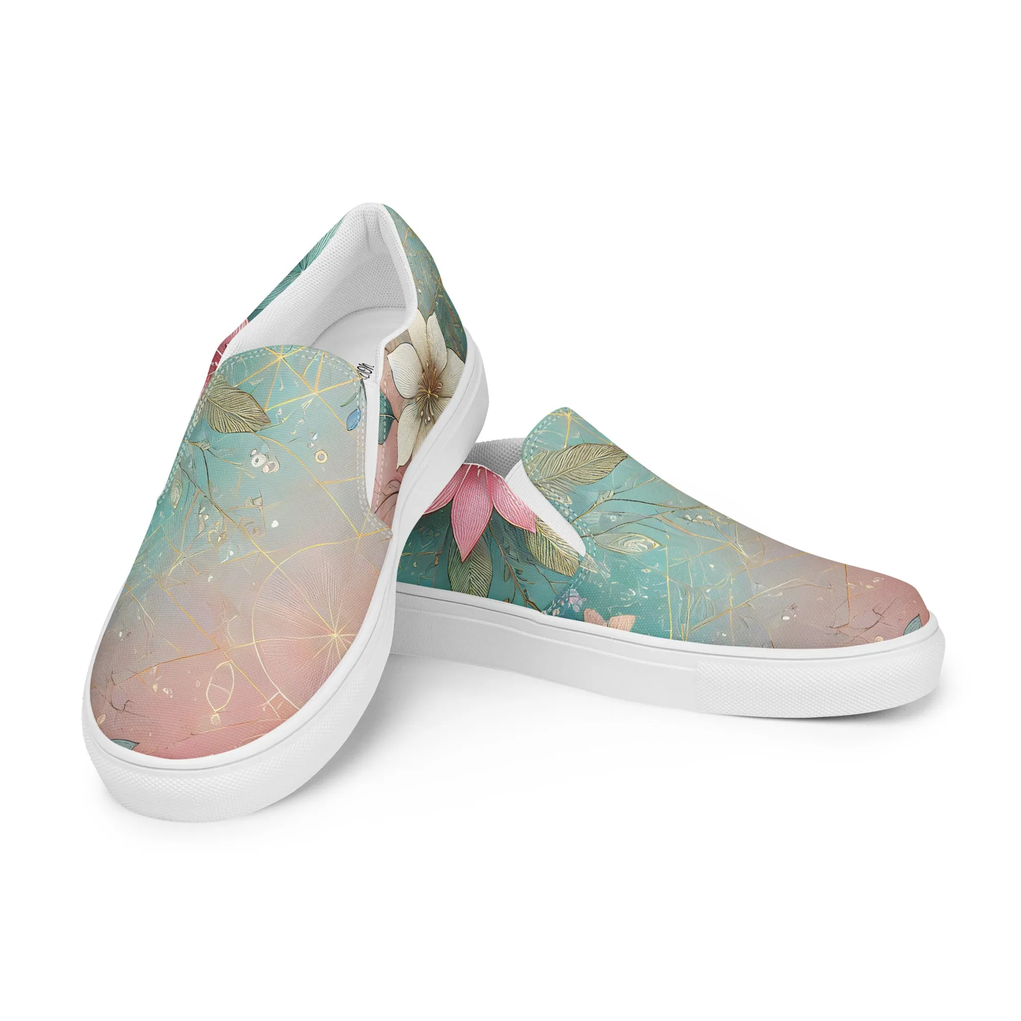 Green Floral Womens Slip-On Canvas Shoes