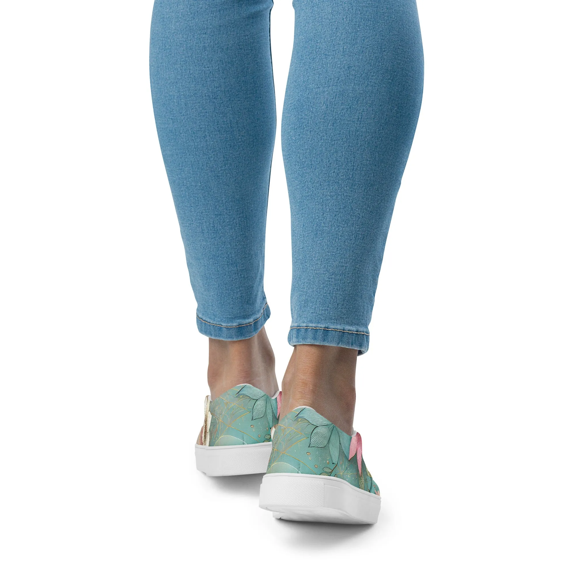 Green Floral Womens Slip-On Canvas Shoes