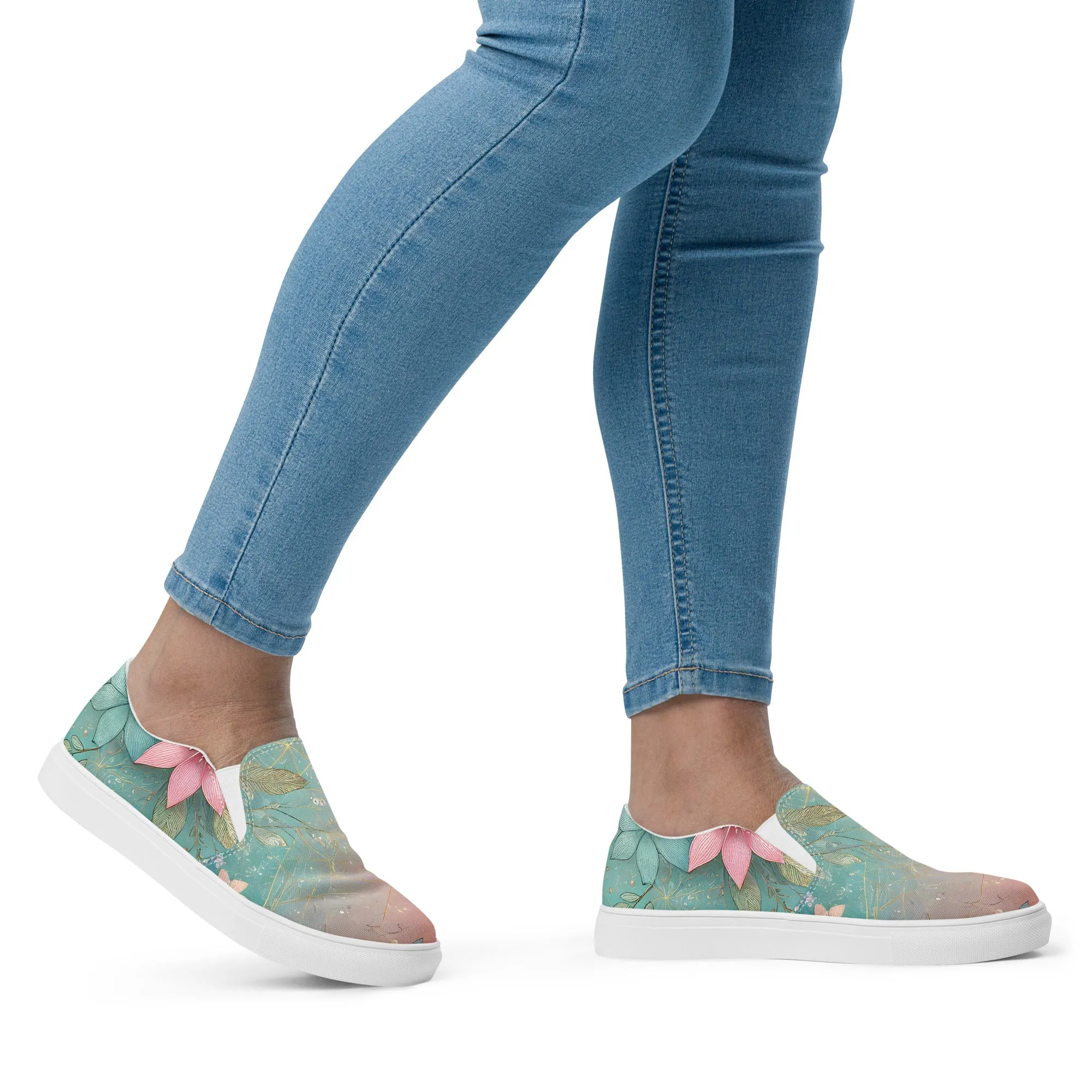 Green Floral Womens Slip-On Canvas Shoes
