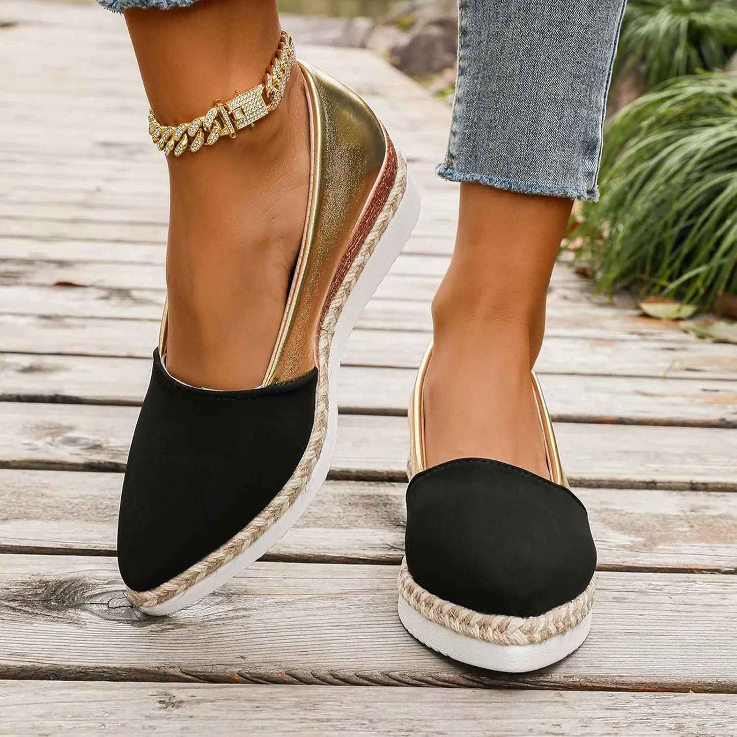 Ladies Weave Pointed Toe Slip On Summer Slope Heel Thick Soled Wedges Casual Womens Casual Dress Shoes Width Low Heel
