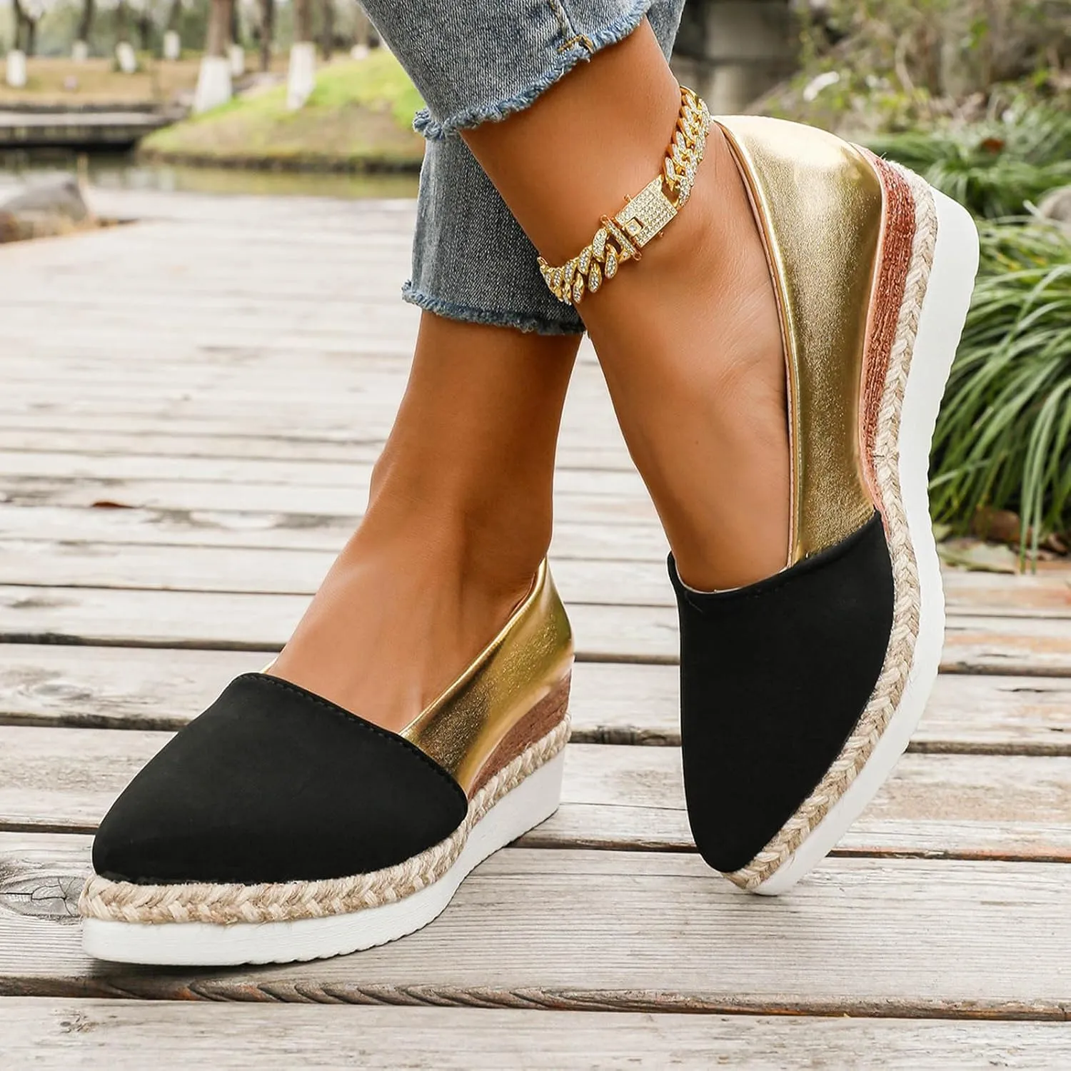 Ladies Weave Pointed Toe Slip On Summer Slope Heel Thick Soled Wedges Casual Womens Casual Dress Shoes Width Low Heel