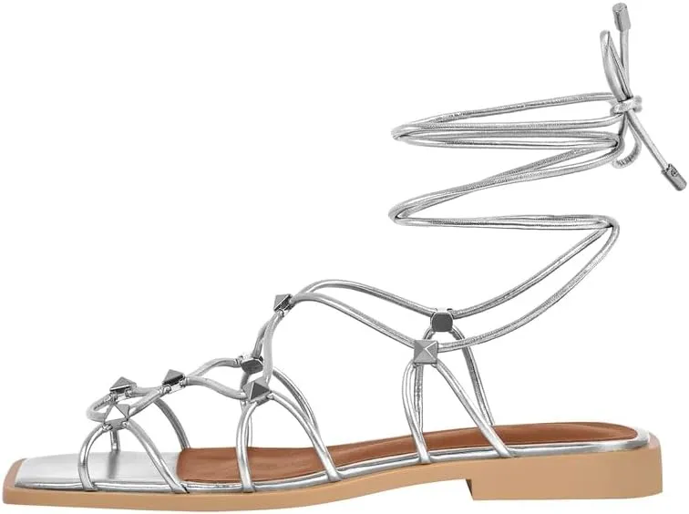 LISHAN Womens Gladiator Square Toe Flat Sandals Lace Up Cross Strappy Studded Flats