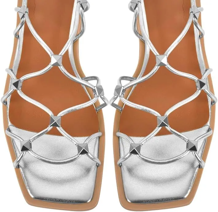 LISHAN Womens Gladiator Square Toe Flat Sandals Lace Up Cross Strappy Studded Flats