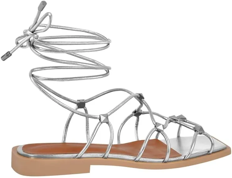 LISHAN Womens Gladiator Square Toe Flat Sandals Lace Up Cross Strappy Studded Flats