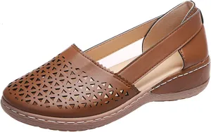 Loafers for Women Leather Hollow Out Ballet Flats Round Closed Toe Slip On Orthopedic Sandals Low Heels Retro Comfort Beach Boho Summer Flats 2025