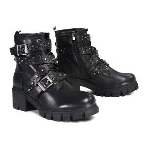 MBL9444 Women's Bruiser Black Leather Lace to Toe Boots with Studded Straps