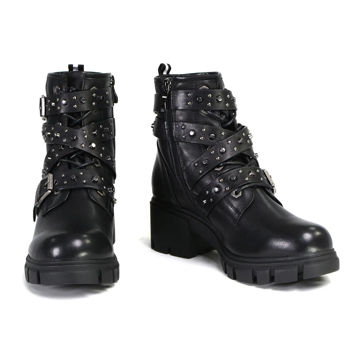 MBL9444 Women's Bruiser Black Leather Lace to Toe Boots with Studded Straps
