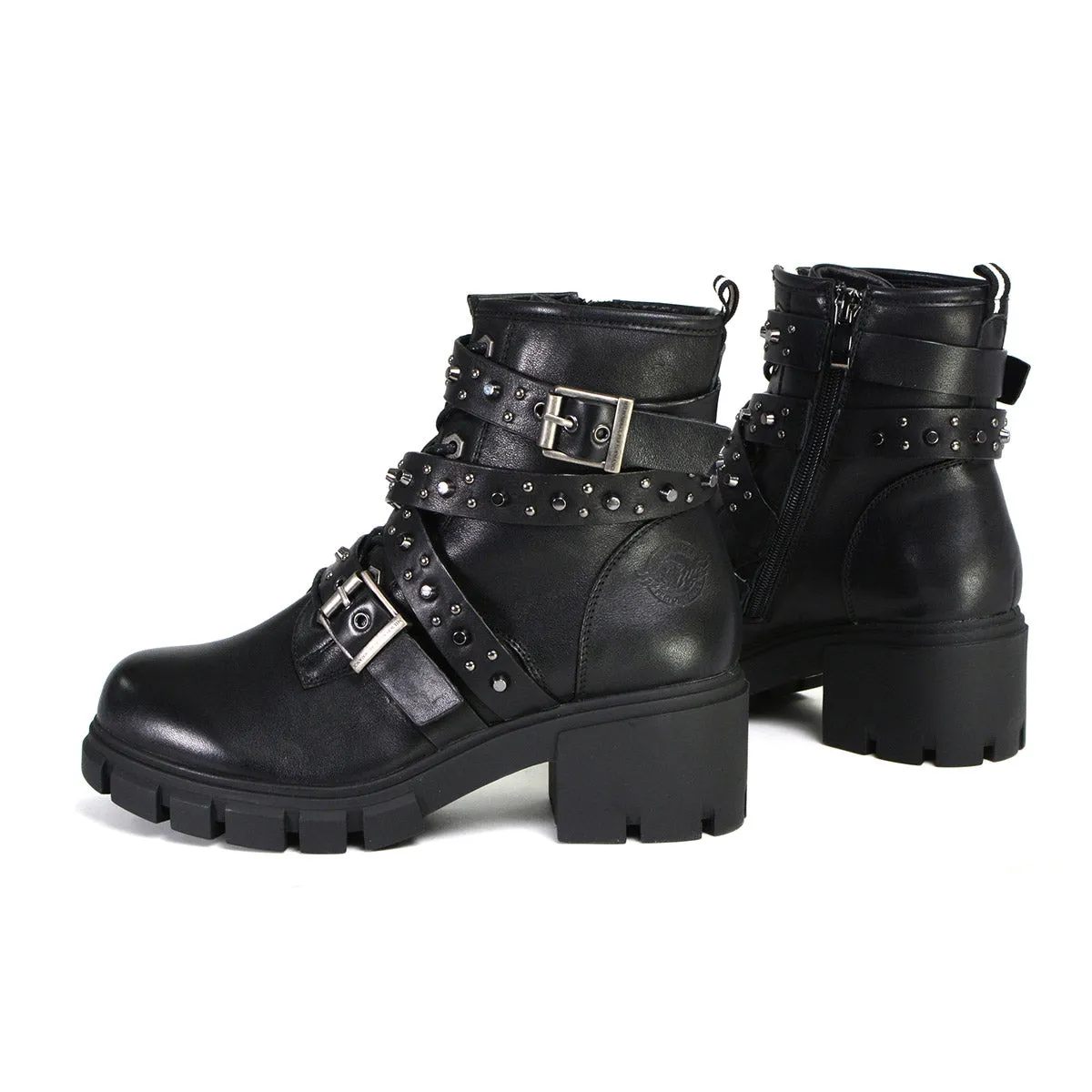 MBL9444 Women's Bruiser Black Leather Lace to Toe Boots with Studded Straps