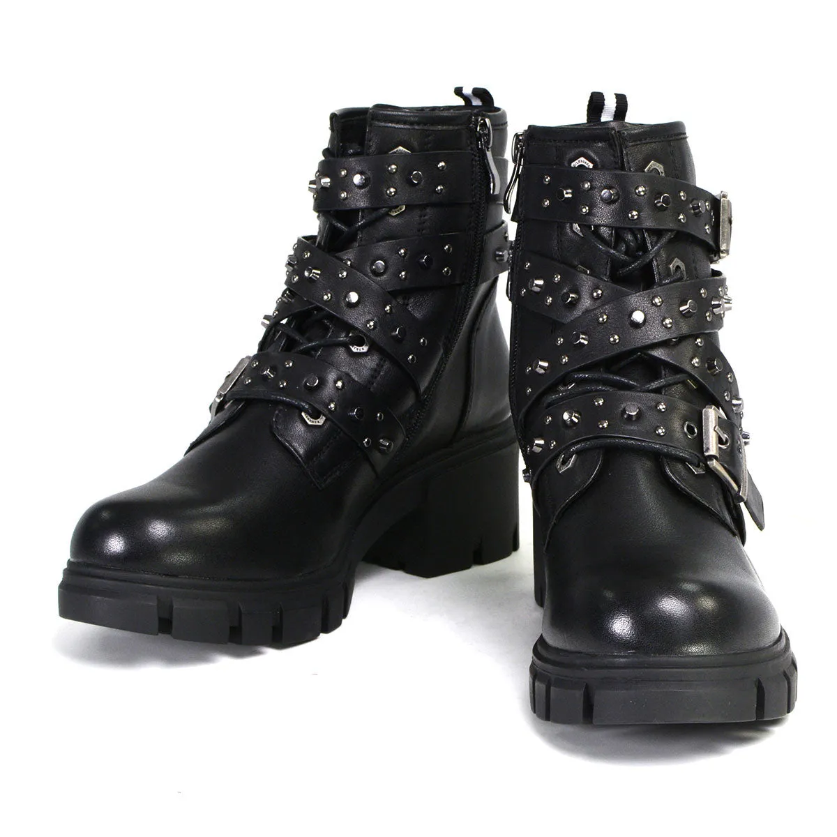 MBL9444 Women's Bruiser Black Leather Lace to Toe Boots with Studded Straps
