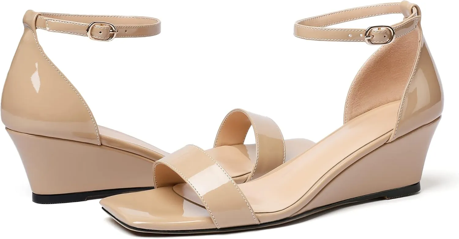Mettesally Women's Wedge Heels Sandals Mid Heel Ankle Strap Square Open Toe Evening Dress Wedding Shoes