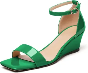 Mettesally Women's Wedge Heels Sandals Mid Heel Ankle Strap Square Open Toe Evening Dress Wedding Shoes