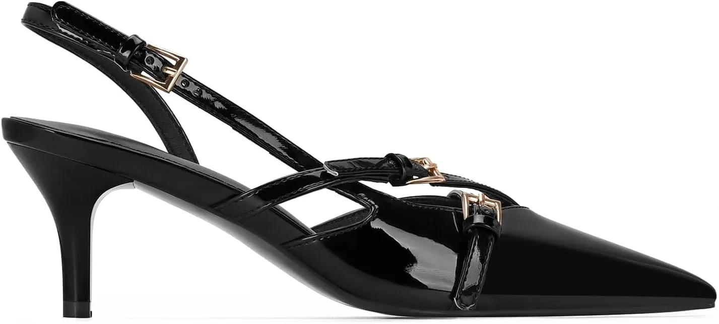 MICIFA Slingback Kitten Heels for Women Pointed Toe Stiletto Heels Slip On Pumps with Buckled Straps Dress Work Heeled Sandals