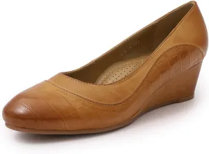 Mona flying Women's Leather Closed Toe 2 Inch Mid Wedges Heels with Arch Support Round Toe Comfortable Dress Pumps for Women Ladies