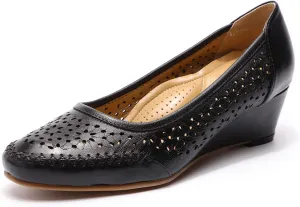 Mona flying Women's Leather Closed Toe 2 Inch Mid Wedges Heels with Arch Support Round Toe Comfortable Dress Pumps for Women Ladies