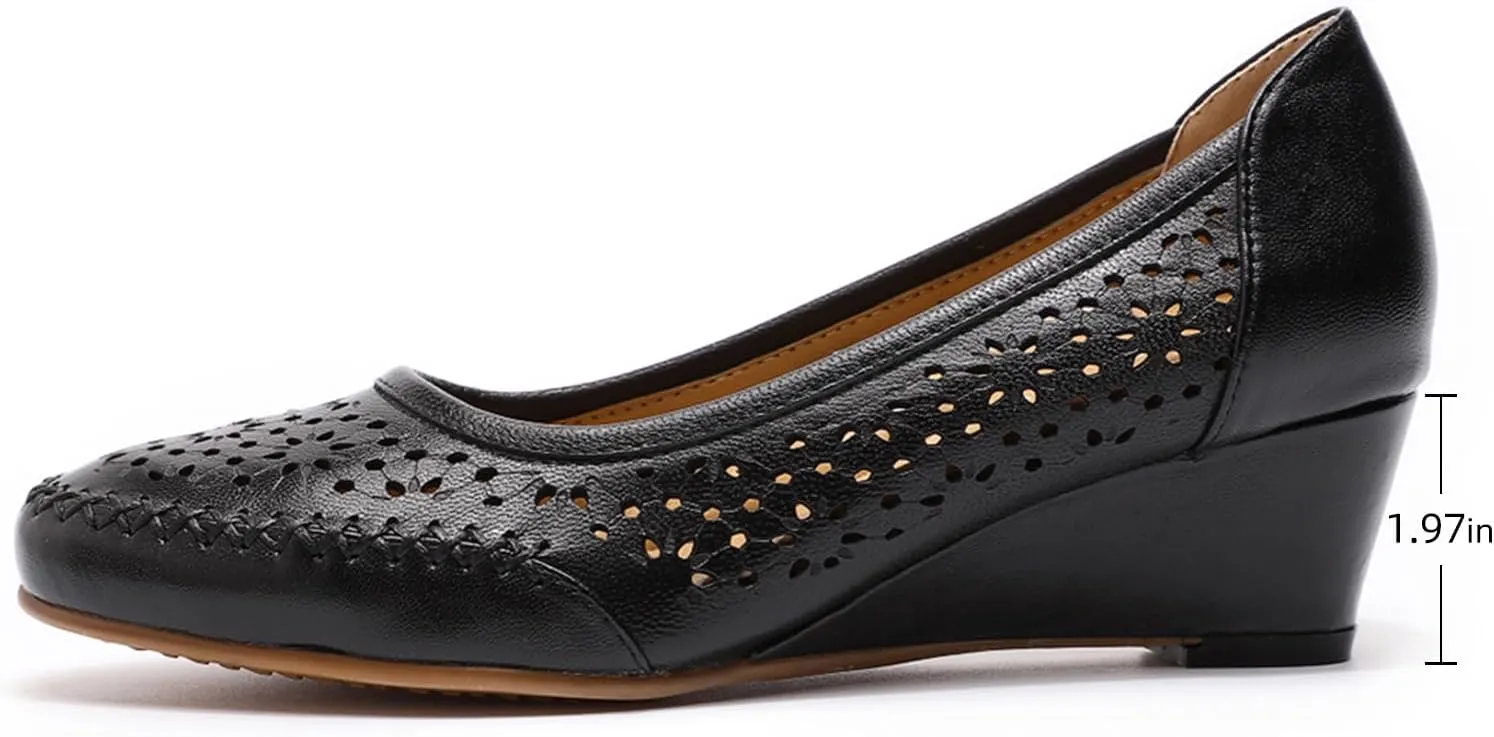 Mona flying Women's Leather Closed Toe 2 Inch Mid Wedges Heels with Arch Support Round Toe Comfortable Dress Pumps for Women Ladies