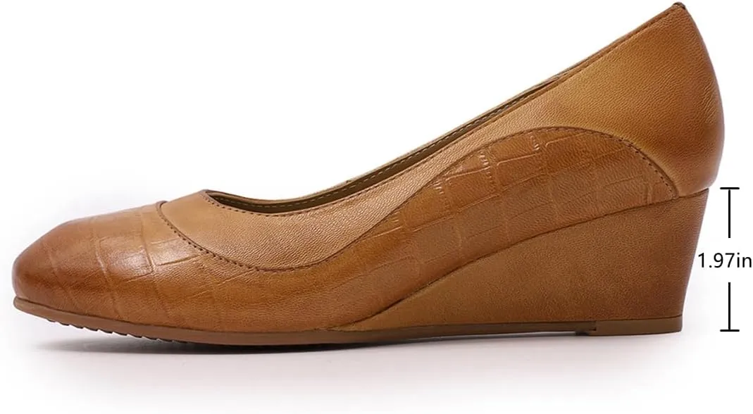 Mona flying Women's Leather Closed Toe 2 Inch Mid Wedges Heels with Arch Support Round Toe Comfortable Dress Pumps for Women Ladies