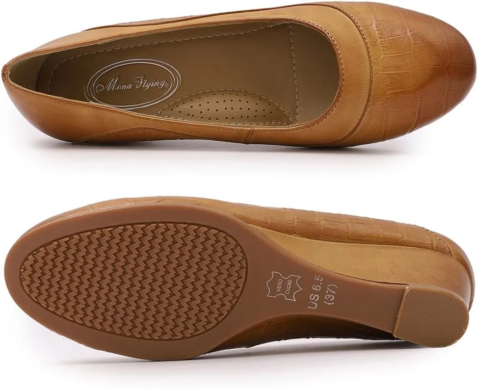 Mona flying Women's Leather Closed Toe 2 Inch Mid Wedges Heels with Arch Support Round Toe Comfortable Dress Pumps for Women Ladies