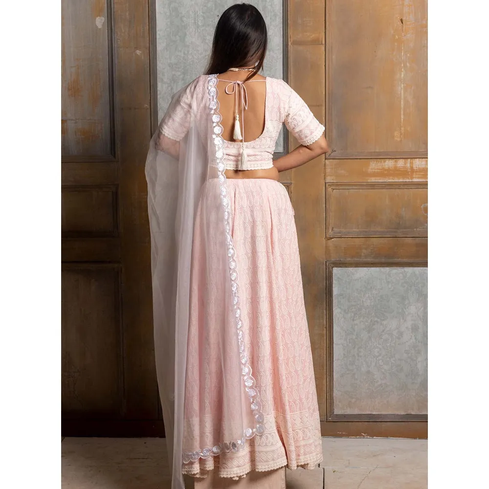 MONK & MEI Mallika-Pink Embroidered Lehenga Choli Dupatta (Set of 3)