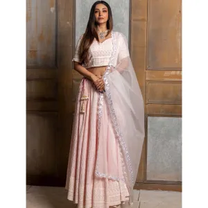 MONK & MEI Mallika-Pink Embroidered Lehenga Choli Dupatta (Set of 3)