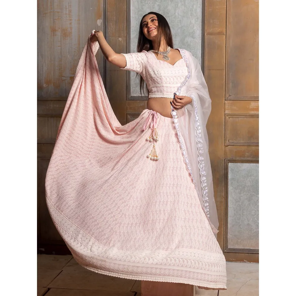 MONK & MEI Mallika-Pink Embroidered Lehenga Choli Dupatta (Set of 3)