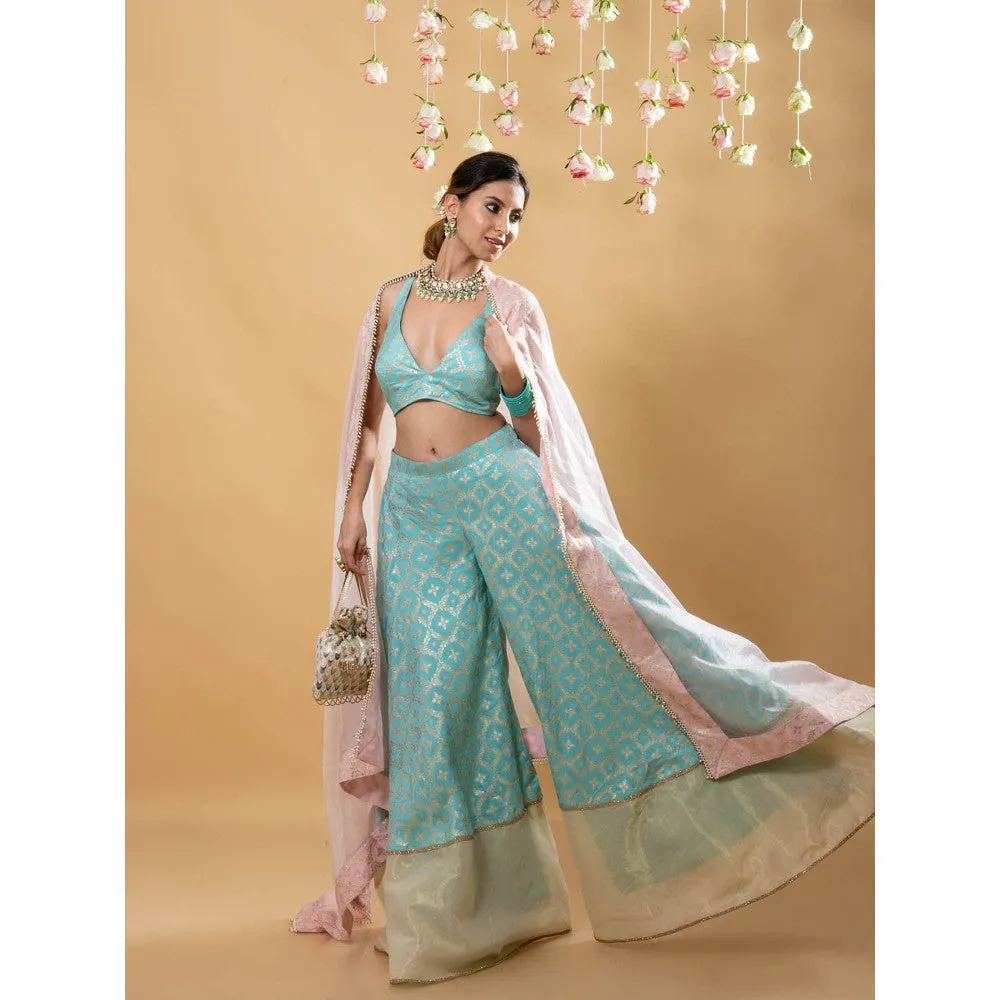 MONK & MEI Nitya Brocade Sharara with Blouse & Dupatta-Powder Blue (Set of 3)